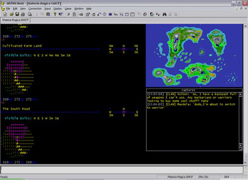 Screenshot of Materia Magica being played in a MUD client window.